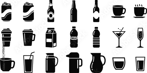 Black and white of various drink containers and glasses drink beverage symbols black and white cups