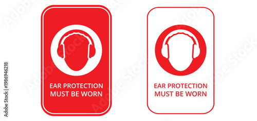 Ear Protection Must Be Worn Warning Sign Icon Set in Red and White, Vector Warning Signage for Ear Muff Protection Requirement, Noise Hazard Safety Icons for Construction and Factory Workplace