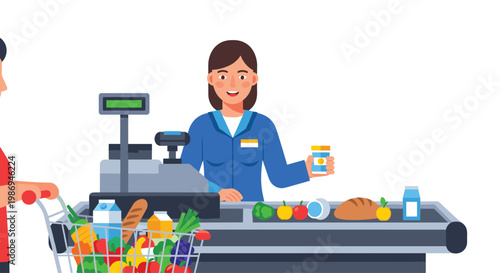 A friendly female supermarket cashier wearing a blue uniform processes various fresh groceries at a modern checkout counter with a full shopping cart nearby.