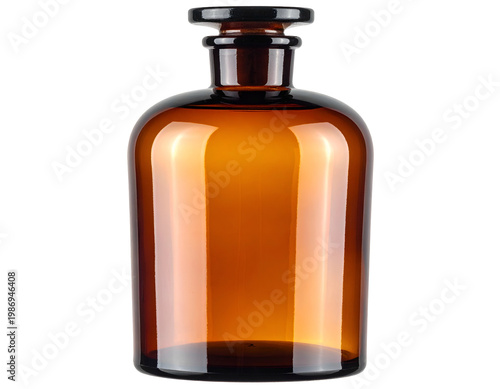 Amber glass bottle with stopper, bulbous body, tapered neck