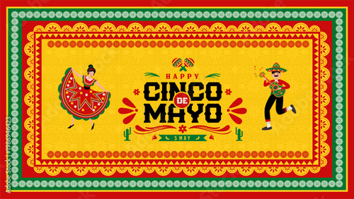 Mexican Cinco De Mayo 2026 Festive Banner with Flamenco Dancers and Traditional Mexican Border.  Perfect for Cinco de Mayo, Dia De Muertos, Independence Day, Fiesta Decoration and Cultural Events. 