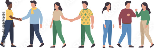 Vector illustration of people greeting and shaking hands in friendly social interaction design