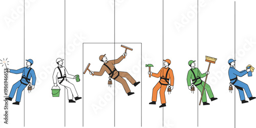 Vector illustration of workers suspended on ropes performing cleaning and maintenance tasks in safety design