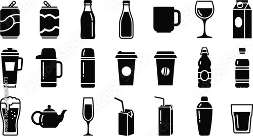 Black and white of various drink containers and glasses drink beverage symbols black and white cups 2
