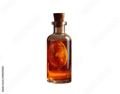 Amber liquid in glass bottle with cork, contains orange slice