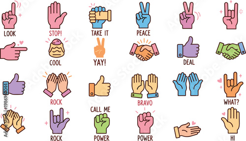 Vector illustration of colorful hand gestures with expressive signs and words in playful design