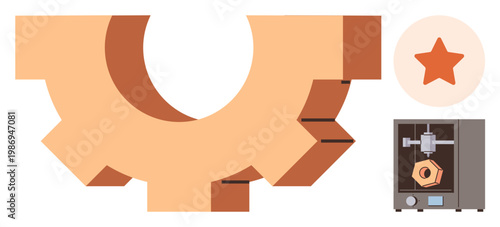 Innovation, technology, manufacturing, 3D printing, design engineering, creative solutions. ion of 3D gear printing with a star icon. 3D printing and manufacturing