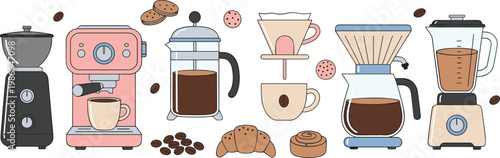 Vector illustration of coffee brewing equipment including grinder, espresso machine, French press and pour‑over in beverage design