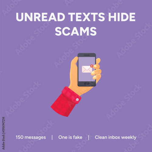 Hand holding a modern smartphone screen displaying a notification icon representing dangerous mobile messages that contain potential online security scams
