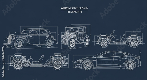 Vintage Car Blueprints Collection Showing Different Models.