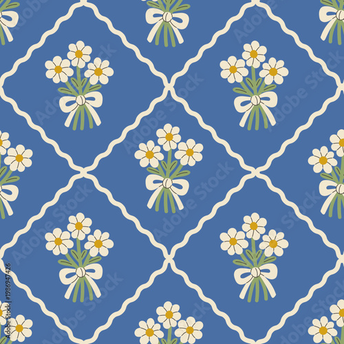 Vintage Daisy Lattice Seamless Pattern. Floral Chamomile background with decorative Curly Grid structure and repeating botanical motif in elegant flat vector style