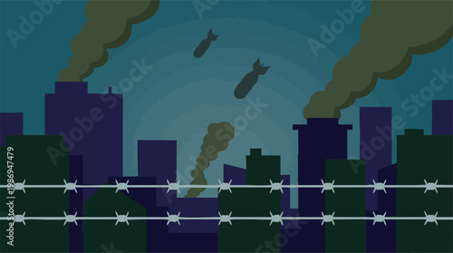 Urban conflict scene with bombs falling, smoke, and barbed wire fence