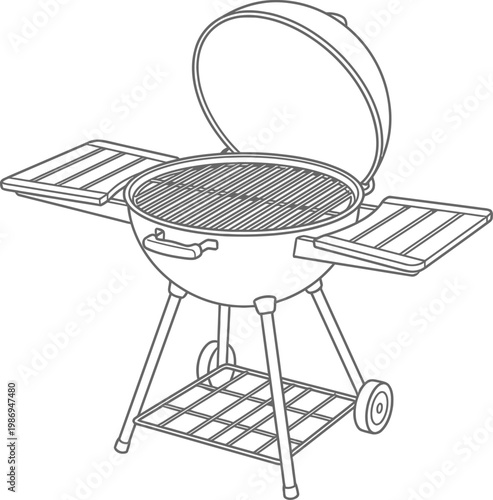 Charcoal BBQ Grill Illustration – Outdoor Barbecue Cooker Line Art with Open Lid