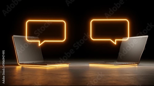 Laptops in Office Connect Through Glowing Speech Bubbles for Clear Communication Between Coworkers and Teams During Work Hours