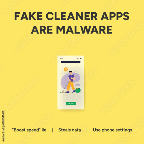 Vector illustration depicting a mobile warning about fake cleaner applications that act as malicious malware stealing private user device data