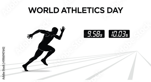 Black silhouette of a professional athlete sprinting on a race track for the world athletics day event