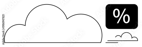 Data analysis, cloud computing, storage management, weather updates, technological visuals, minimal infographic design. Black outlined cloud with a percentage symbol. Data analysis and cloud