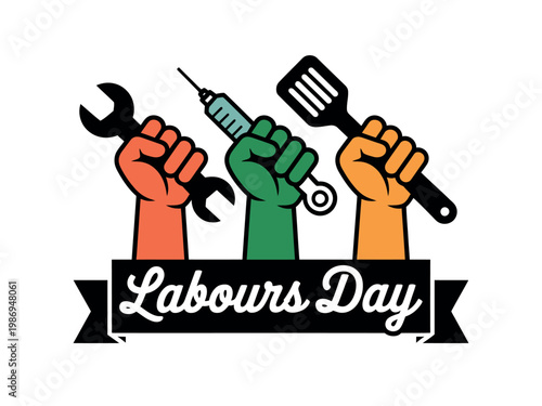 A graphic illustration of three fists holding tools on Labours Day