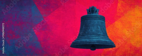 Artistic illustration of dark blue bell against vibrant abstract geometric background with bold shapes and dynamic color contrast creating modern creative design concept