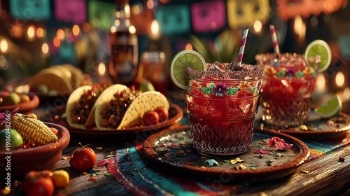 Vibrant Cinco de Mayo Celebration with Tacos, Drinks, and Festive Decor