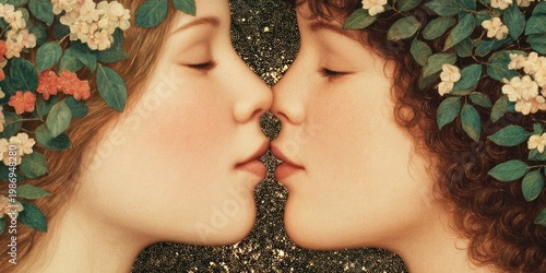 Artistic Close Up Portrait of Two Beautiful Women Connecting with Nature Featuring Floral Embellishments and Ethereal Botanical Elements