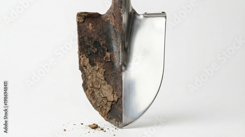 Shovel half rusty and dirty, half clean and shiny, symbolizing transformation.