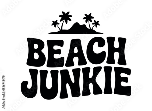 A black and white logo featuring the words Beach Junkie with a tropical island and palm trees