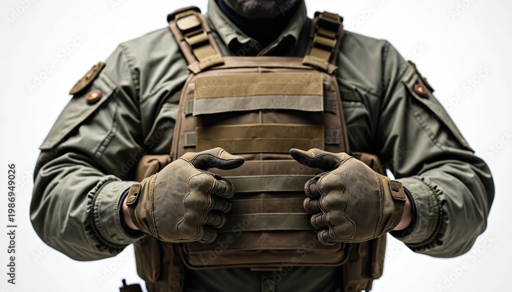 Naklejka premium Focused soldier wears tactical vest and gloves. Person ready for action with protective gear. Military personnel displays discipline and strength. Readiness for combat mission.