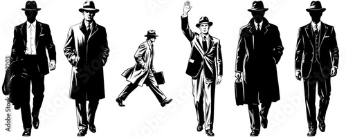 Vintage Noir Style Men in Suits and Hats Illustration Set