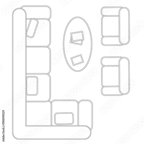 Contemporary Living Room Blueprint: An overhead perspective of a modern living room setup, meticulously illustrated, showcases an L-shaped sofa, two armchairs, and a central coffee table.