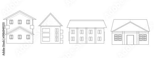 Architectural Harmony: A minimalist illustration of four distinct residential buildings showcases clean lines and geometric forms, a tribute to simple architectural design.