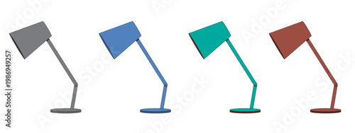 Color Table Lamps Array: A collection of stylish table lamps in a row, each exhibiting a unique color that stands out with its own personality and appeal, ready to light up any modern interior space.