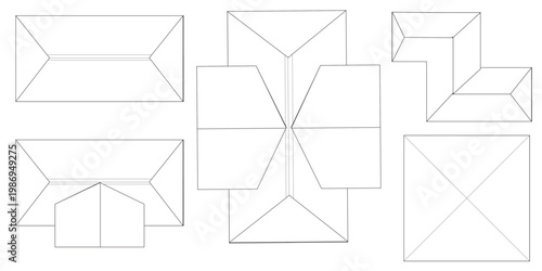 Architectural Blueprint: A detailed top-down view of various roof structures, showcasing different designs and architectural styles in crisp, clean lines.