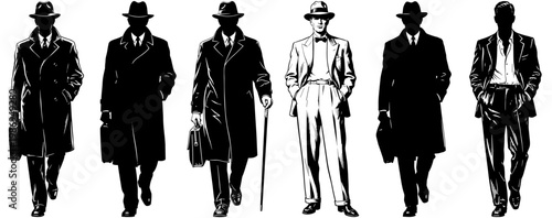 Vintage Noir Men in Suits and Fedoras Illustration Set