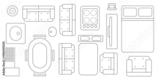 Top-down view of room furniture arrangement: An intricate top-down view showcases a diverse array of essential furniture elements within a room setting, designed for interior planning. 