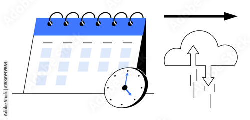 Cloud backup concept. Cloud backup scheduling ensures data security, synchronization, and storage. Cloud backup helps streamline disaster recovery, data archiving, and digital workflows