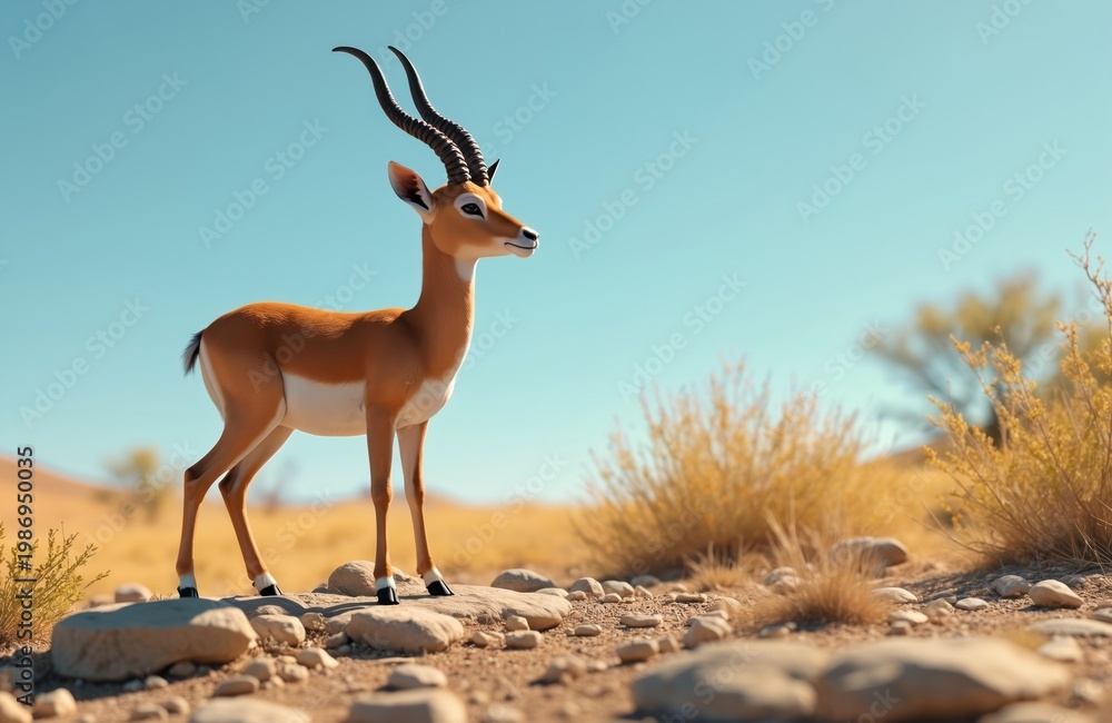 Fototapeta premium Young male gazelle stands on dry rocky ground. Sparse yellow grass and distant trees under clear blue sky. Animal looks to the side in African savanna landscape.