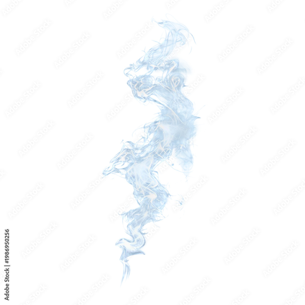 Fototapeta premium Ethereal blue smoke trail, wispy light blue vapor plume on white background, delicate swirling steam effect, atmospheric mist element for design