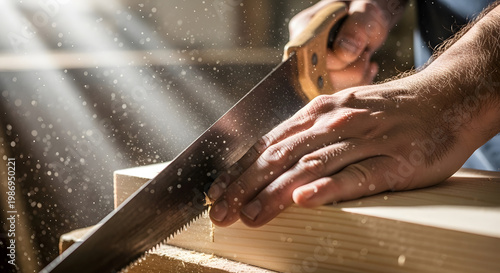 Close-up shot of a person's hands using a hand saw to cut a wooden plank with sunbeams filtering through