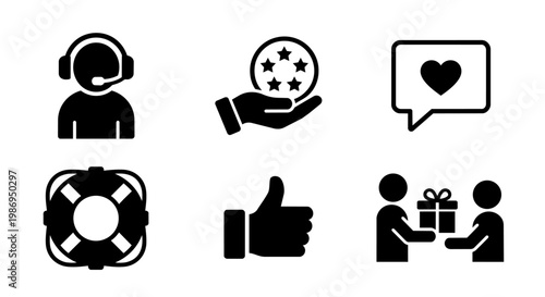 customer support icon set, service and satisfaction glyph icons in clean vector style