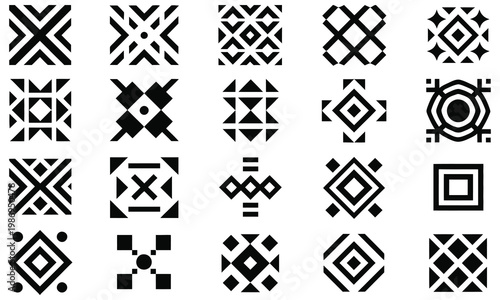 Aztec Navajo geometric shapes vector set with tribal Southwestern art symbols, abstract ethnic elements in monochrome style for patterns, branding, posters, packaging, textile design, and cultural 