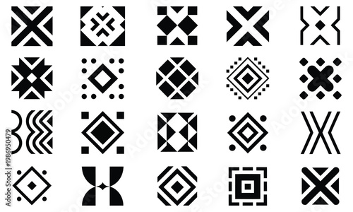 Aztec Navajo geometric shapes vector set with tribal Southwestern art symbols, abstract monochrome ethnic elements for patterns, branding, posters, packaging design, textile artwork, and decorative 