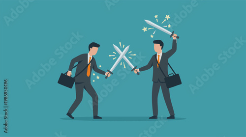 Two businessmen in suits clashing swords, symbolizing business competition