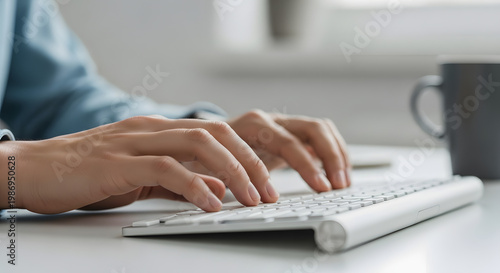 Close-up of a person typing on a white keyboard with their hands visible on a desk, implying work or communication