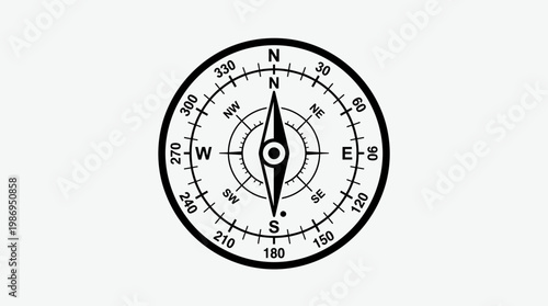 Antique vintage clock face isolated on white with a gold compass rose arrow for navigation and travel orientation