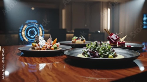 Futuristic gourmet food presentation on a luxurious wooden table in a high-tech setting