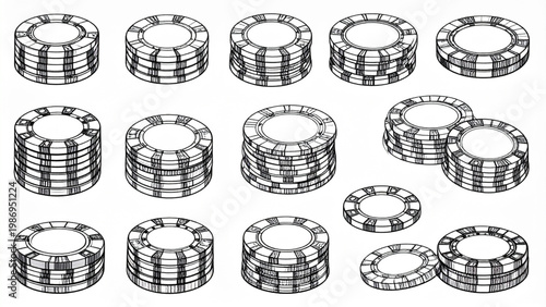 Poker Chips Line Illustration Set – Stacked and Scattered Casino Token Outline Collection