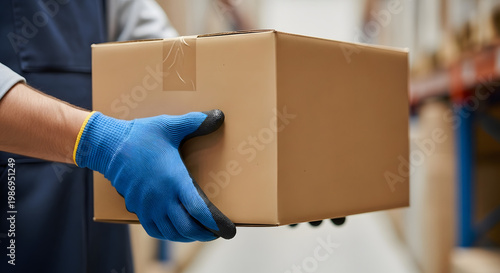 Close-up of hands wearing blue gloves holding a cardboard shipping box, representing delivery and logistics services
