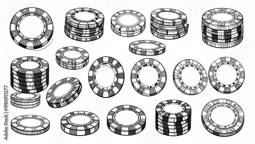Poker Chips Line Illustration Set – Stacked and Scattered Casino Token Outline Collection