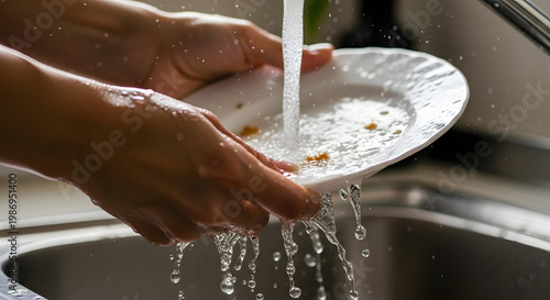 Hands washing dishes under running water in a kitchen sink, cleaning up after a meal